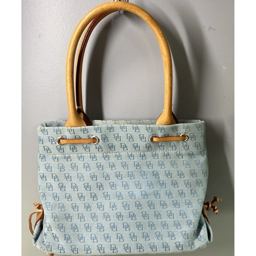 Vintage‎ Dooney&Bourke Baby Blue Signature Canvas and Leather Tassel Bag 8x11x4